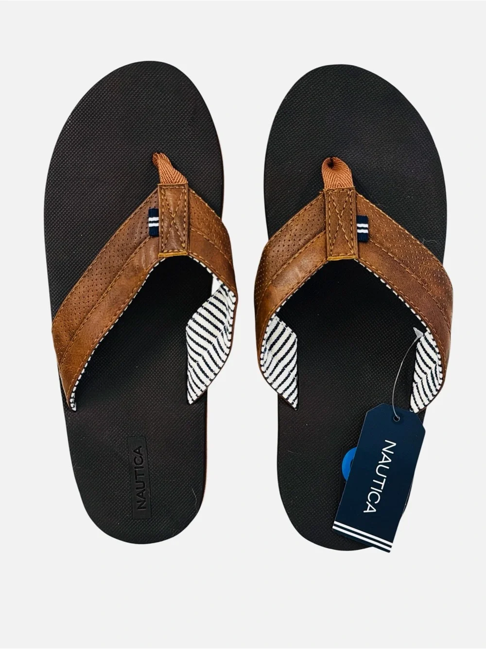 Nautica Clarkson 2 Flip Flop Faux Leather Upper Thong Brown Slip On Mens Sz 10